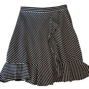 Talbots Navy White Striped Ruffle‎ Hem Midi Skirt Career Casual Women